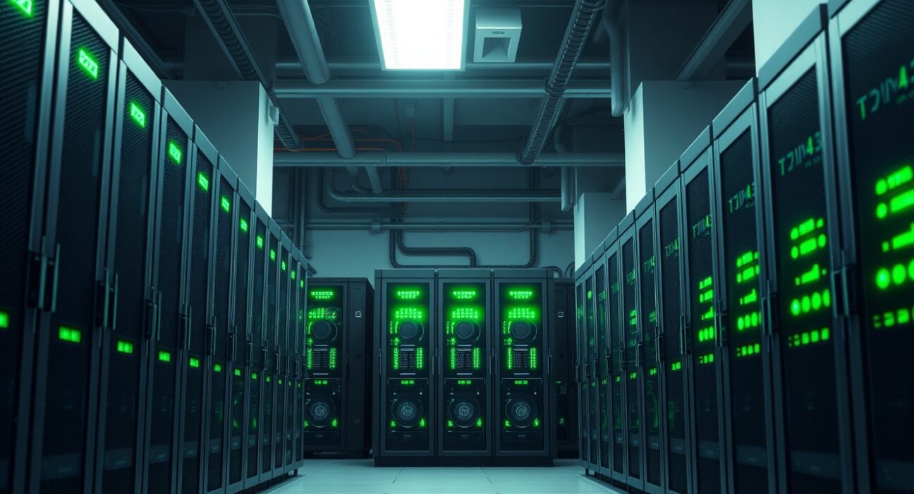 Bitdeer Bitcoin mining facility with rows of active ASIC miners, representing industrial cryptocurrency operations.