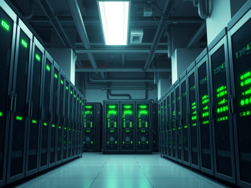 Bitdeer Bitcoin mining facility with rows of active ASIC miners, representing industrial cryptocurrency operations.