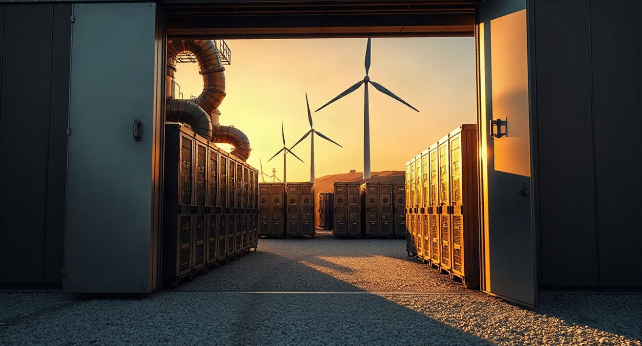 Bitcoin mining data center facility with wind turbines in Texas background