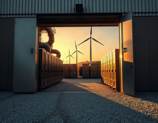 Bitcoin mining data center facility with wind turbines in Texas background