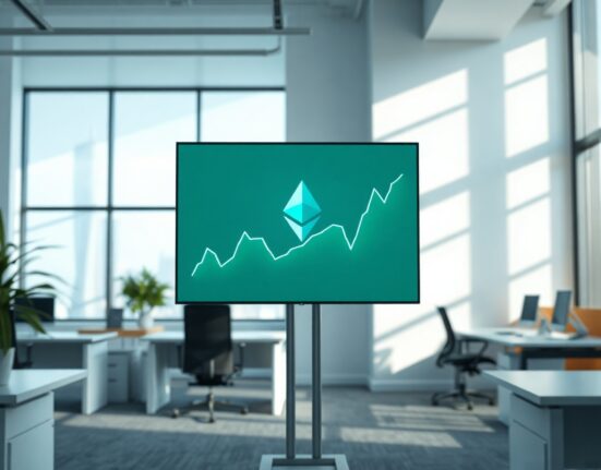 Digital screen showing Ethereum price chart in a modern corporate office