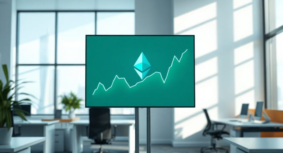 Digital screen showing Ethereum price chart in a modern corporate office