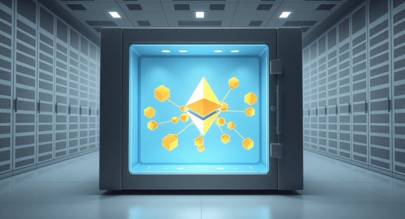 BitDigital's $65.3 million Ethereum stake secured in a digital vault, symbolizing institutional crypto investment.