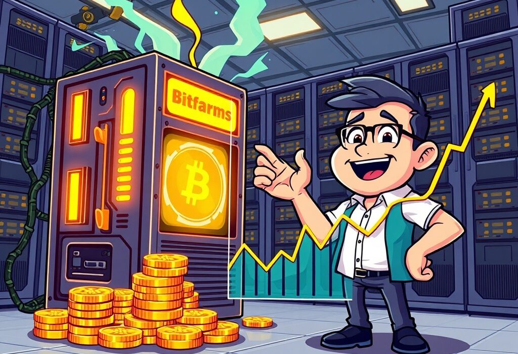 A cartoon image illustrating Bitfarms' successful Q2 performance and strategic Bitfarms BTC sales, showing growth.