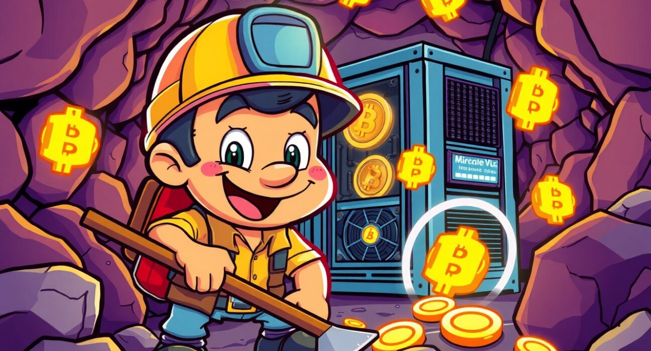 Bitfarms BTC mining operation showing cartoon miner collecting digital Bitcoin coins
