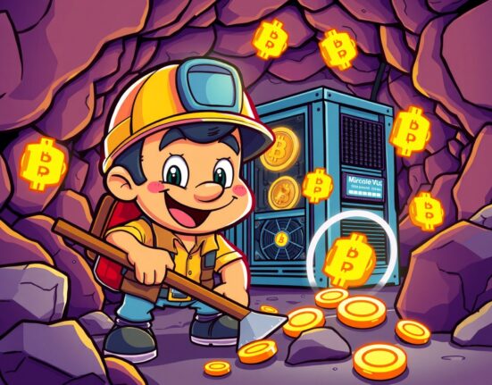 Bitfarms BTC mining operation showing cartoon miner collecting digital Bitcoin coins