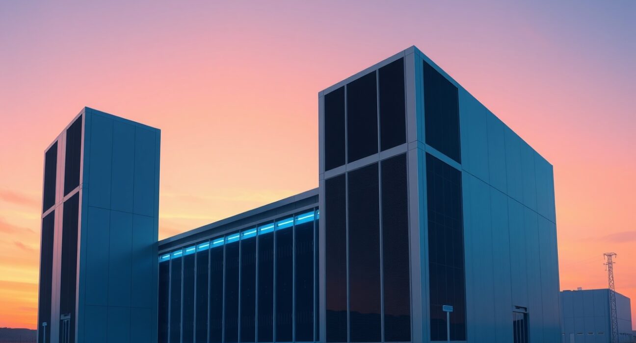 Modern digital infrastructure facility representing Bitfarms rebrand to Keel Infrastructure.