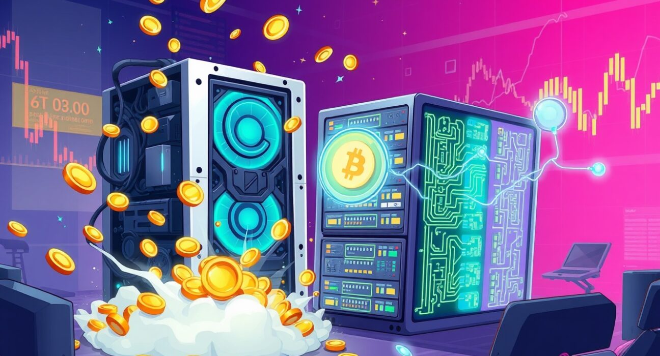 Bitfarms stock transition from Bitcoin mining to AI data centers in cartoon illustration