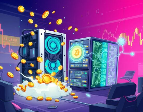 Bitfarms stock transition from Bitcoin mining to AI data centers in cartoon illustration