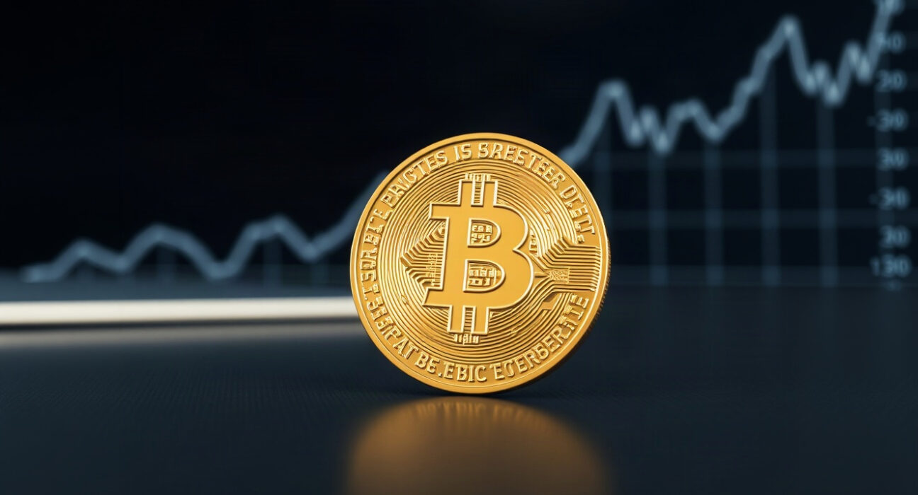 Bitcoin coin on a trading desk with a subtle chart in the background, symbolizing market analysis.