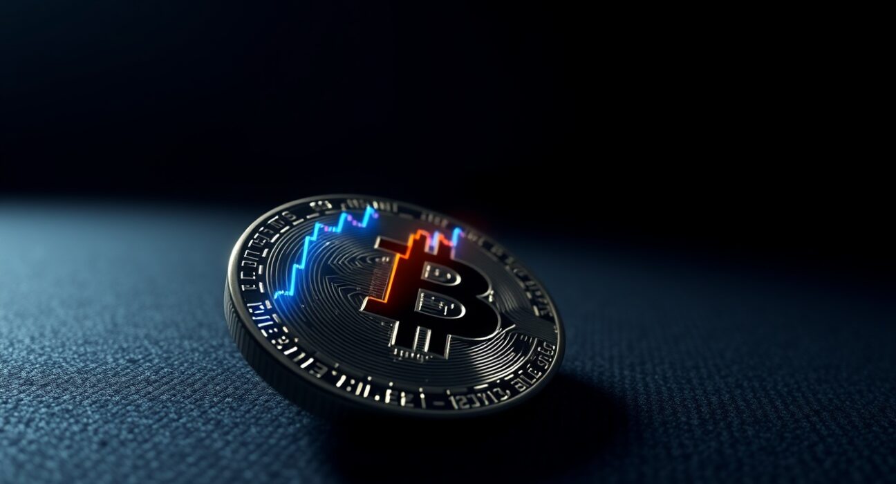 Bitcoin coin with glowing digital chart reflection, representing on-chain metrics and market analysis.