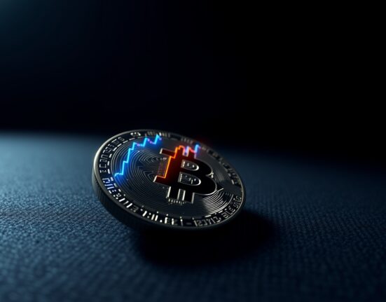 Bitcoin coin with glowing digital chart reflection, representing on-chain metrics and market analysis.