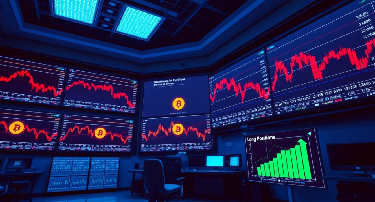 Bitcoin price chart showing decline alongside rising long positions on Bitfinex trading platform.