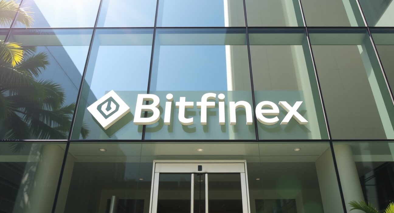 Bitfinex office building entrance in San Salvador, El Salvador, under sunny skies.