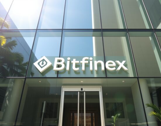 Bitfinex office building entrance in San Salvador, El Salvador, under sunny skies.