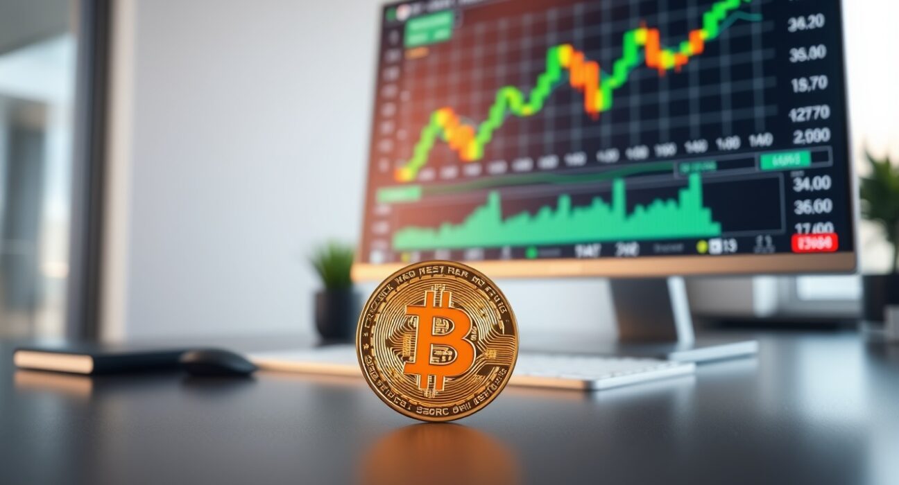 Bitcoin coin on a desk with a chart in the background showing a price uptrend.
