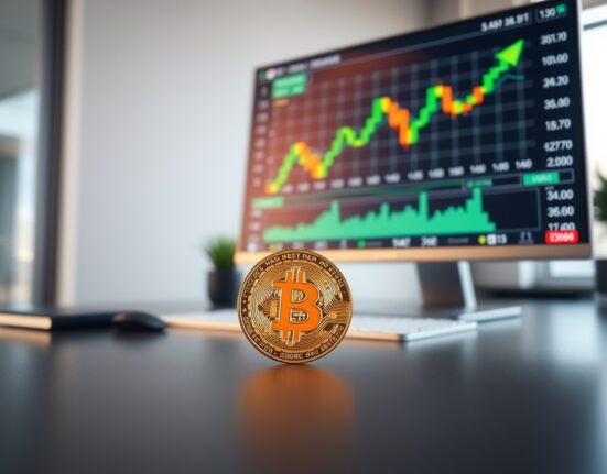 Bitcoin coin on a desk with a chart in the background showing a price uptrend.