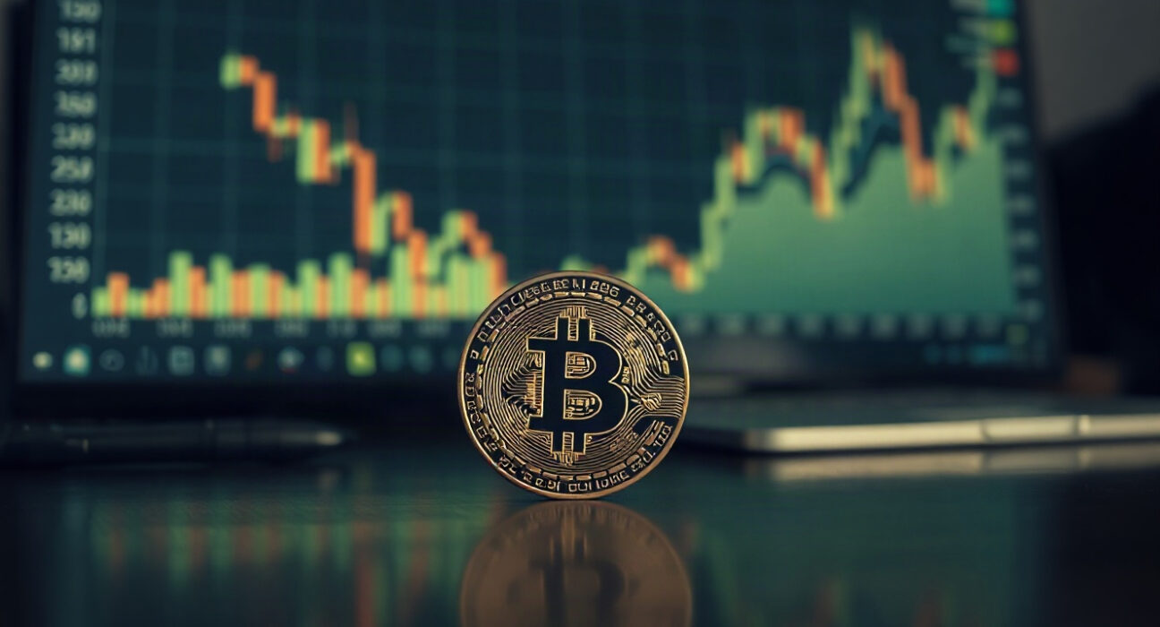 Bitcoin coin on reflective surface with blurred financial charts in background