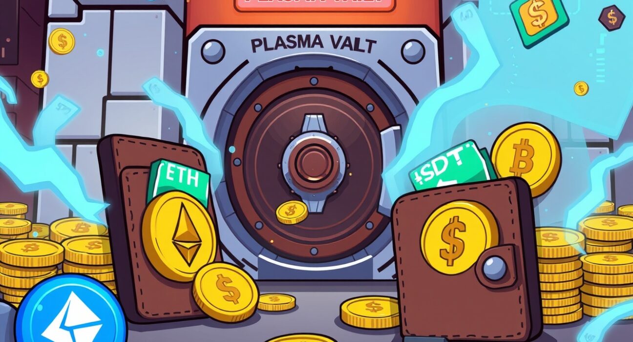 A cartoon illustration showing significant Bitfinex USDT borrowing activity, with funds moving from a crypto wallet to a Plasma Vault.