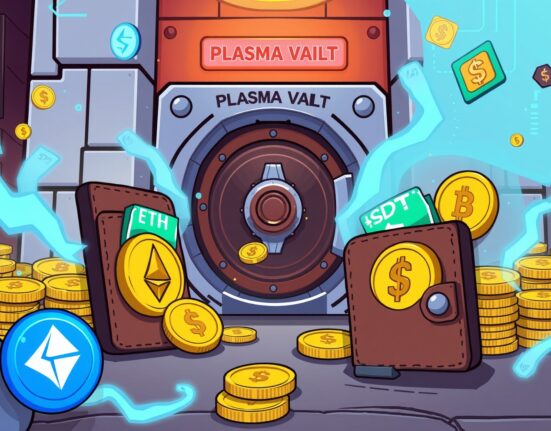 A cartoon illustration showing significant Bitfinex USDT borrowing activity, with funds moving from a crypto wallet to a Plasma Vault.