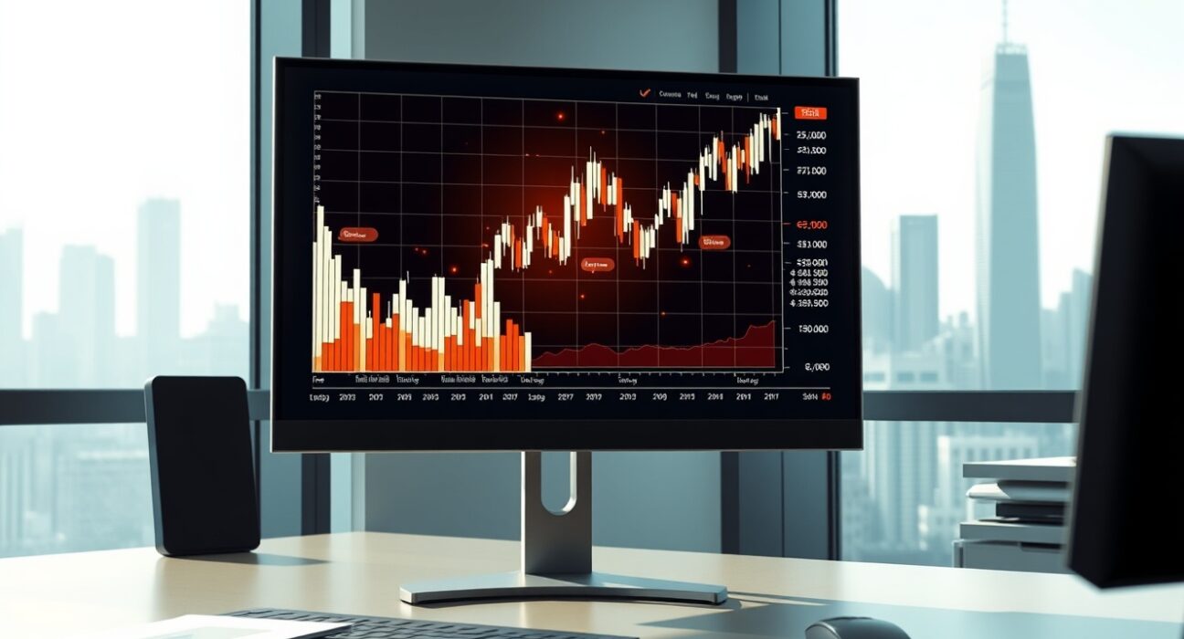 Hong Kong financial trading desk with cryptocurrency market data visualization on screen.