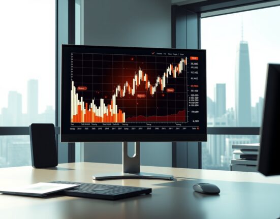 Hong Kong financial trading desk with cryptocurrency market data visualization on screen.