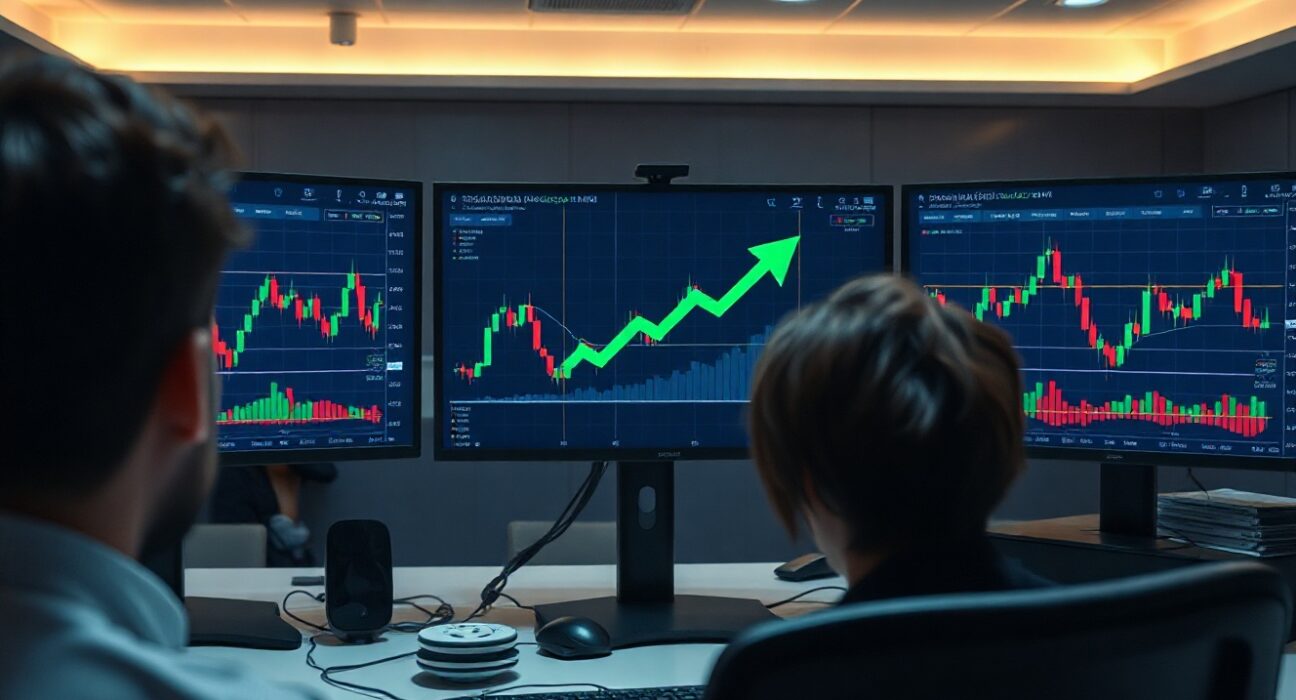 Bitcoin price charts on trading monitors in a professional office setting