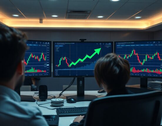 Bitcoin price charts on trading monitors in a professional office setting