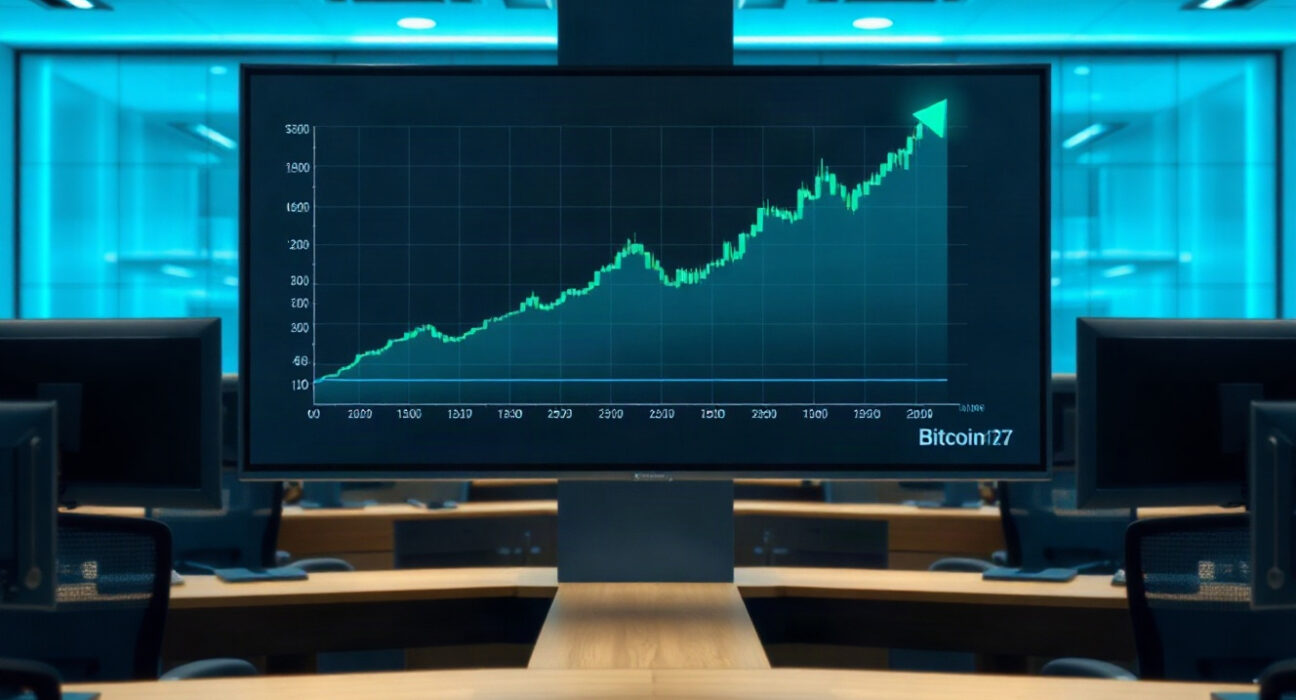Bitcoin price chart on a trading screen with an upward trend, symbolizing the profitable BTC long position.
