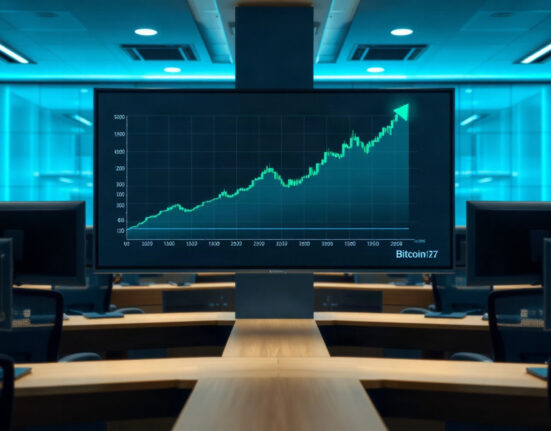 Bitcoin price chart on a trading screen with an upward trend, symbolizing the profitable BTC long position.