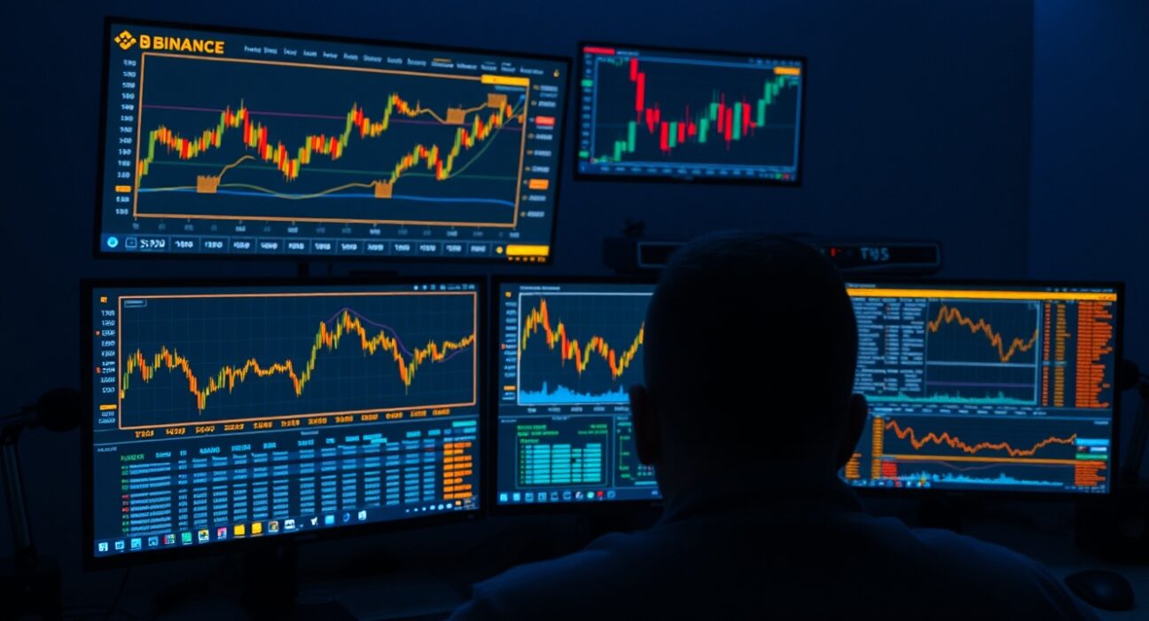 Crypto trading monitors showing Binance exchange and blockchain transaction data
