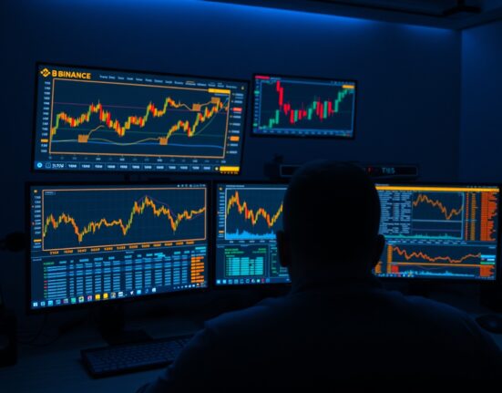Crypto trading monitors showing Binance exchange and blockchain transaction data