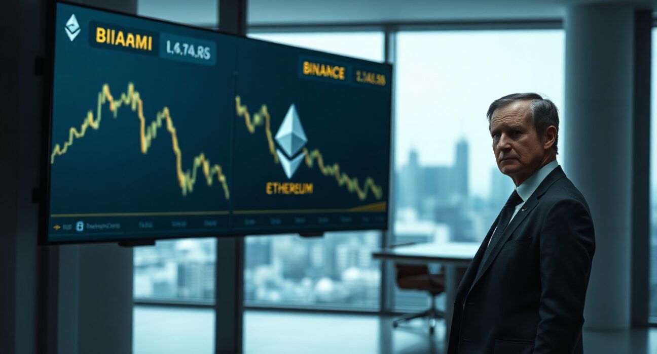 BitForex founder Garrett Jin in office with Ethereum price chart showing decline