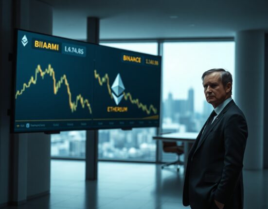 BitForex founder Garrett Jin in office with Ethereum price chart showing decline