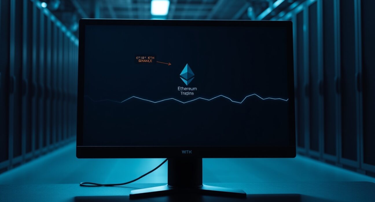 A computer monitor displaying a cryptocurrency exchange interface showing a large Ethereum transfer to Binance, set in a dimly lit data center.