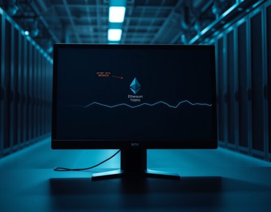 A computer monitor displaying a cryptocurrency exchange interface showing a large Ethereum transfer to Binance, set in a dimly lit data center.