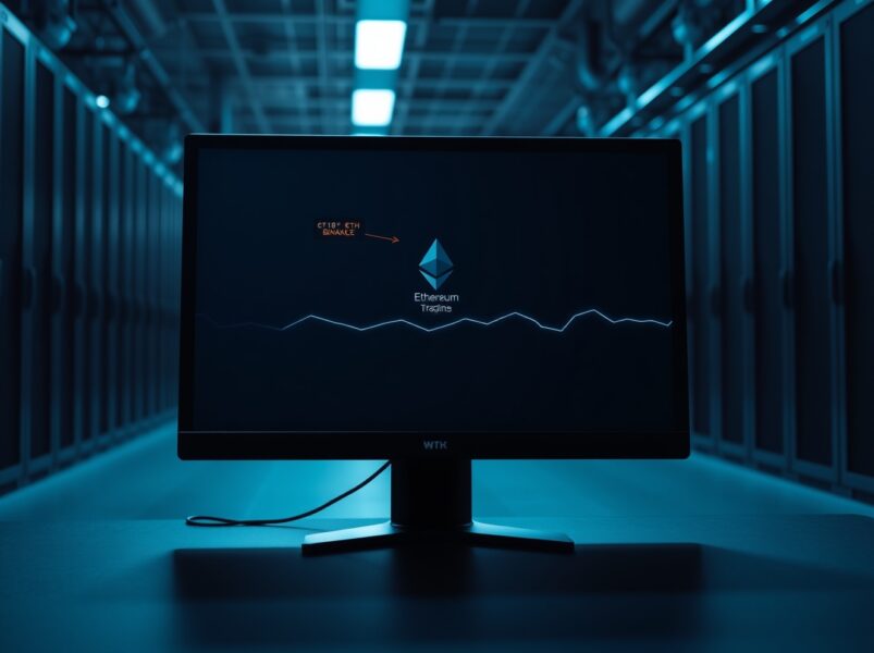 A computer monitor displaying a cryptocurrency exchange interface showing a large Ethereum transfer to Binance, set in a dimly lit data center.