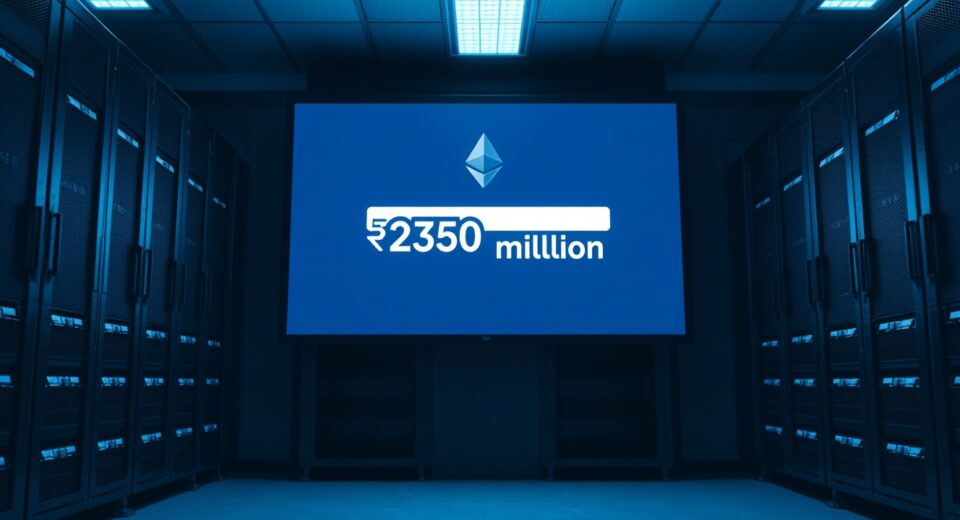 A server room screen displays a large Ethereum transaction, symbolizing the $250M ETH deposit by the BitForex founder.