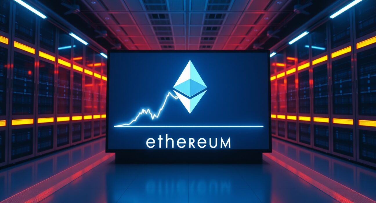 Digital screen displaying Ethereum logo and price chart in a high-tech data center