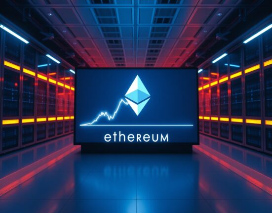 Digital screen displaying Ethereum logo and price chart in a high-tech data center