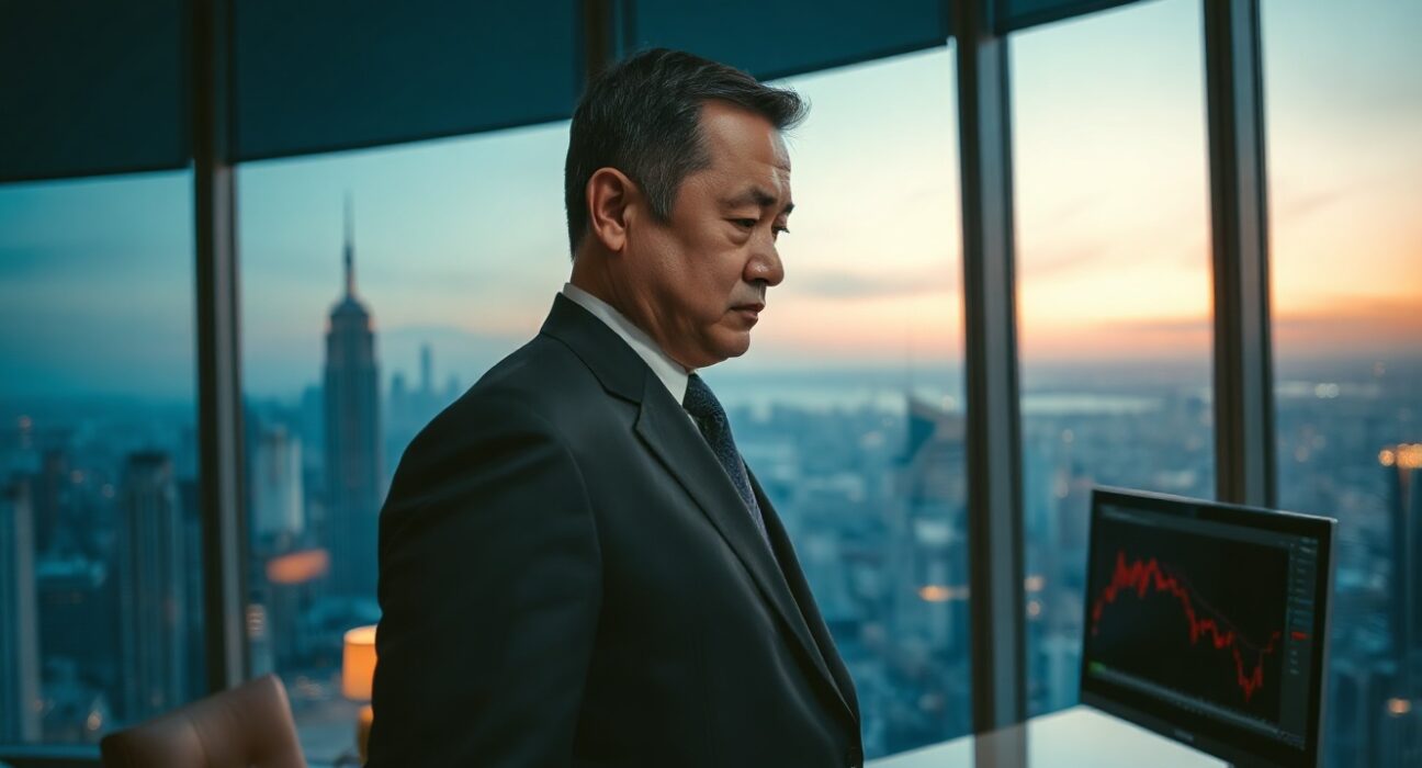 Garrett Jin, BitForex founder, in a serious mood in a dimly lit office with financial charts on a monitor.
