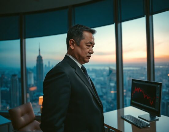Garrett Jin, BitForex founder, in a serious mood in a dimly lit office with financial charts on a monitor.