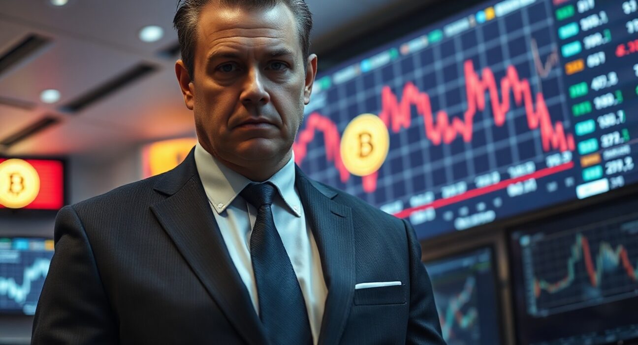 Garrett Jin, BitForex founder, in a financial office with a Bitcoin chart showing losses