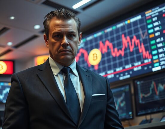 Garrett Jin, BitForex founder, in a financial office with a Bitcoin chart showing losses