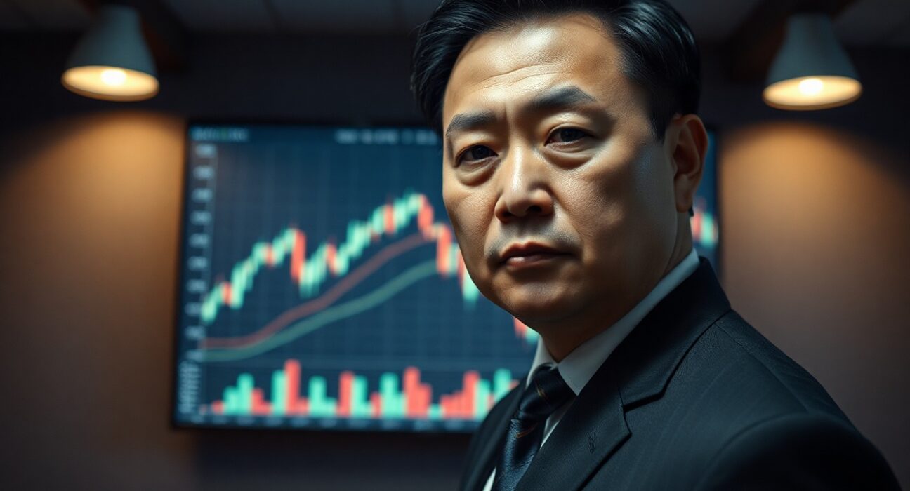 Garrett Jin, BitForex founder, in a serious pose with cryptocurrency charts in background