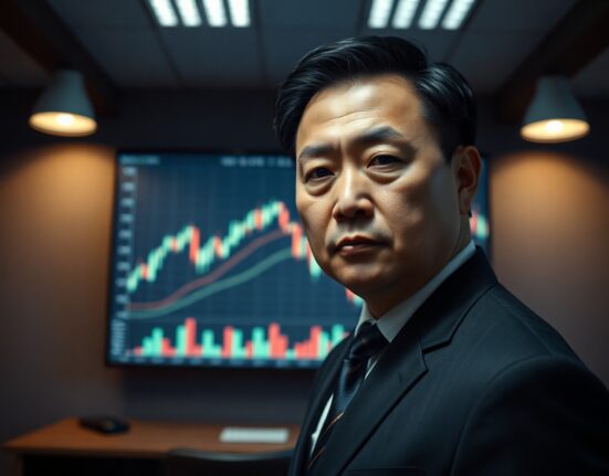 Garrett Jin, BitForex founder, in a serious pose with cryptocurrency charts in background