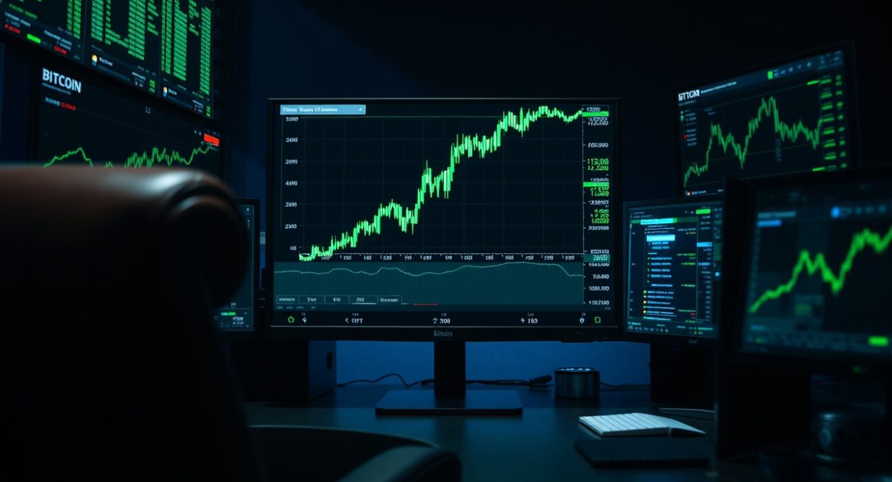 Professional trading desk with monitors showing Bitcoin price charts and bullish trend data.