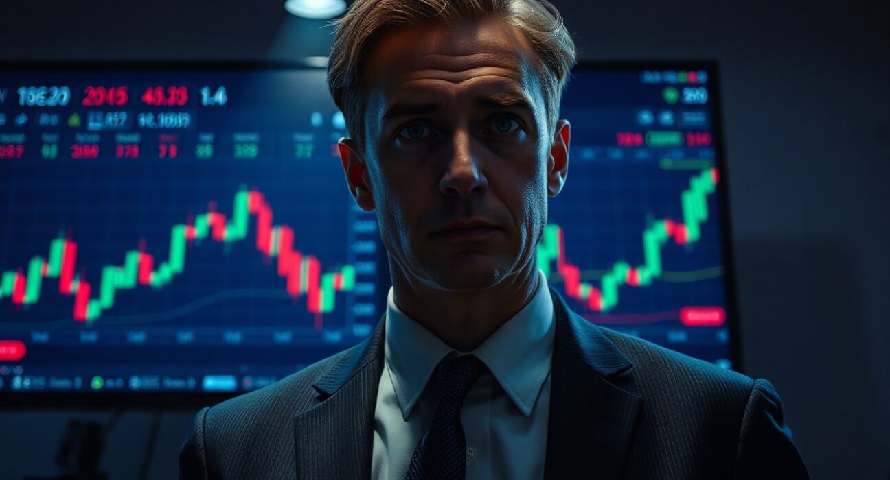 BitForex founder Garrett Jin in a dimly lit office with crypto trading charts on screen