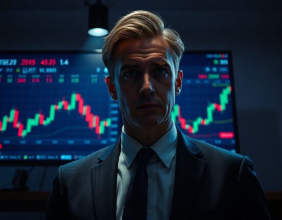 BitForex founder Garrett Jin in a dimly lit office with crypto trading charts on screen