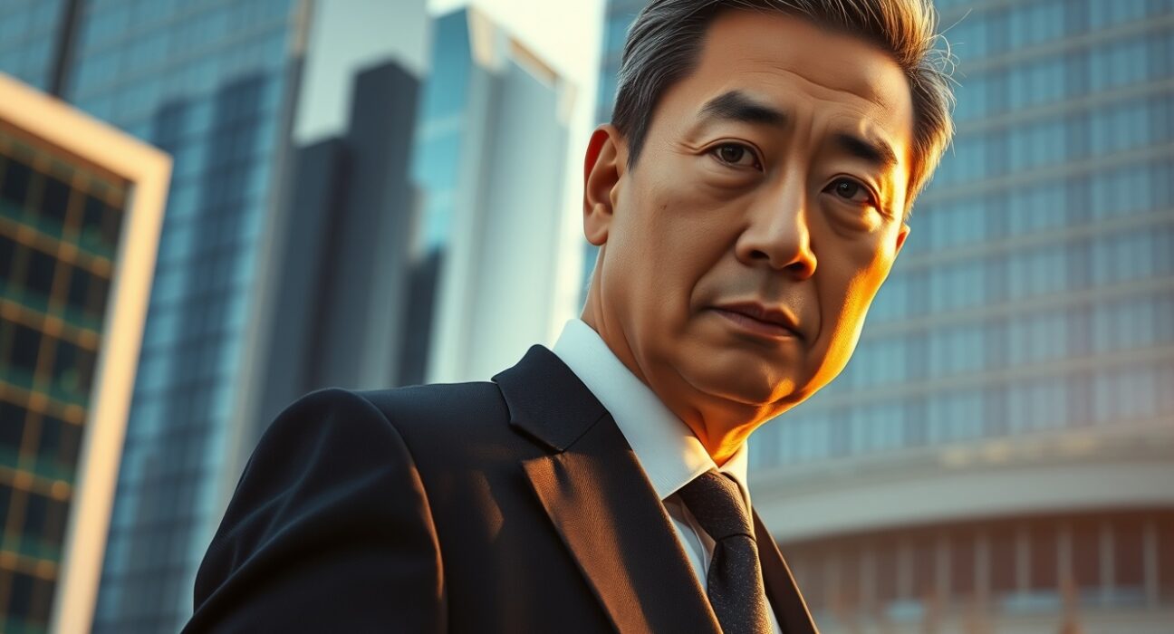 BitForex founder Garrett Jin in a financial district setting, looking at the camera with a serious expression.